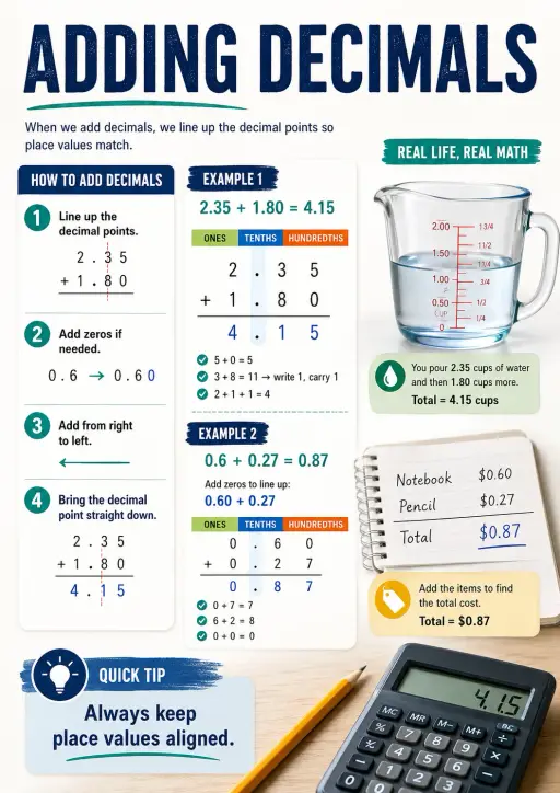 Adding Decimals Decimals and Percent Infographic