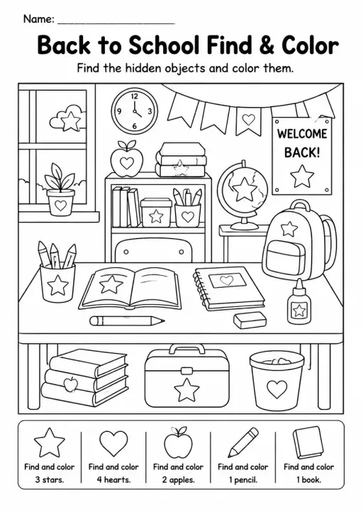 Back to School Find & Color — Kindergarten