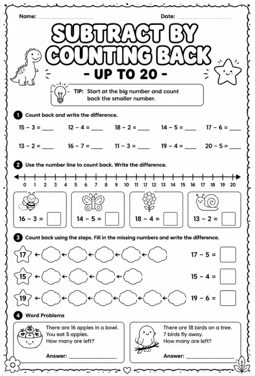 Subtract by counting back - up to 20