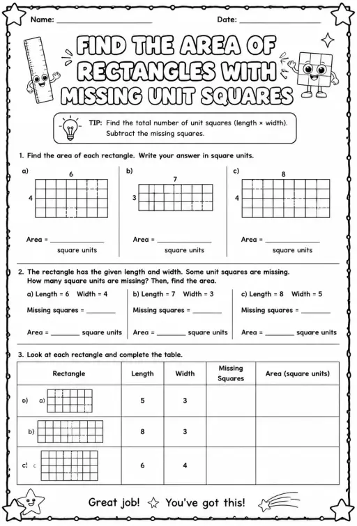 Find the area of rectangles with missing unit squares
