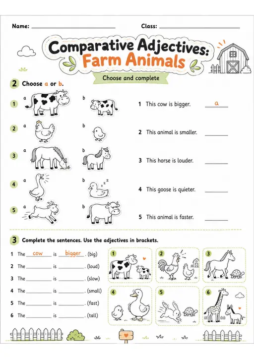 Comparative Adjectives: Farm Animals | Grades 2-3 Grammar Worksheet