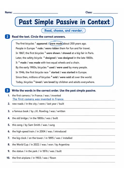 Past Simple Passive In Context | Grade 5 Grammar Worksheet