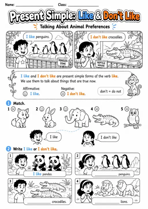 Likes and Animal Adjectives Pack - 4 Worksheets | Grade 1 Grammar