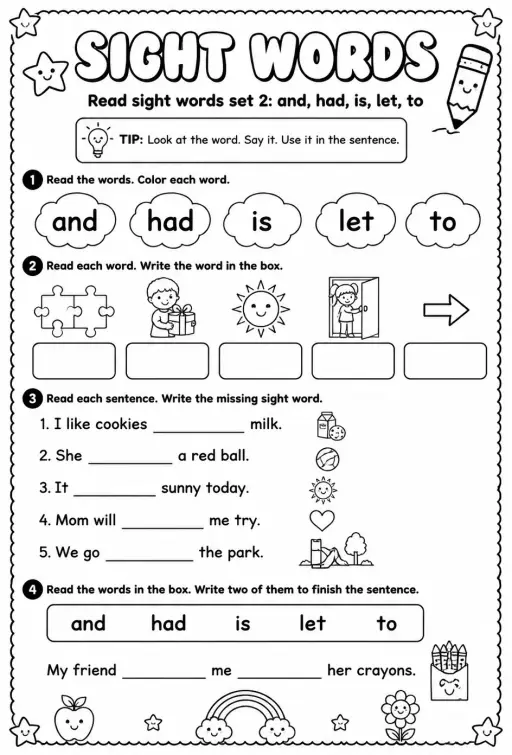 Read sight words set 2: and, had, is, let, to