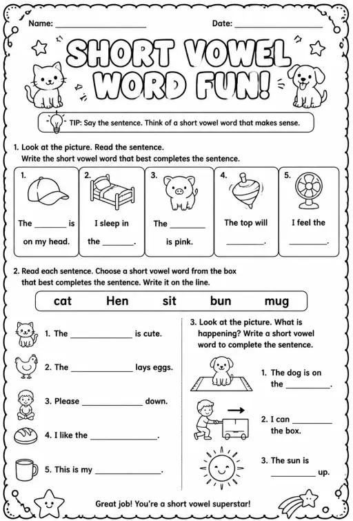 Complete the sentence with the correct short vowel word