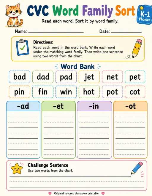 CVC Word Family Sort: -ad, -et, -in, -ot