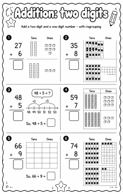Add a two-digit and a one-digit number - with regrouping