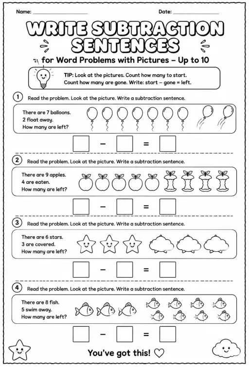 Write subtraction sentences for word problems with pictures - up to 10