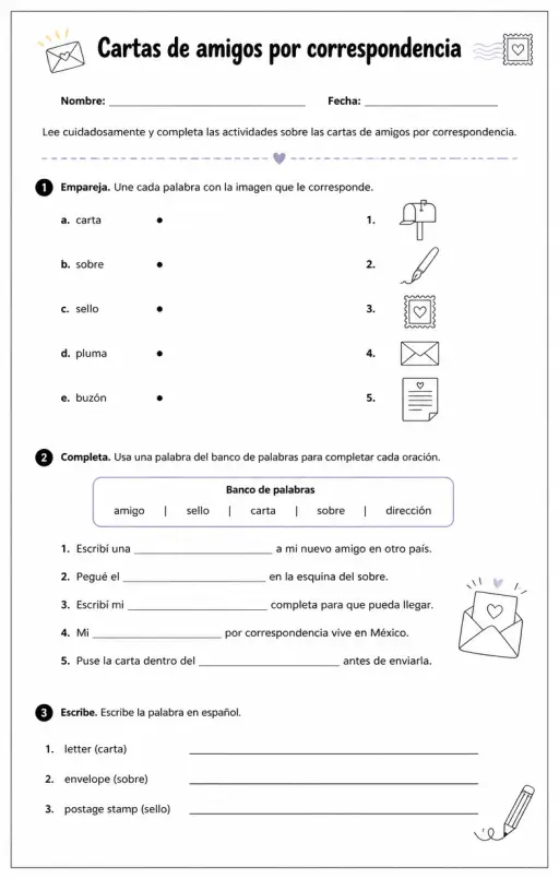 Reconocer palabras, frases o oraciones en español relacionadas con cartas de amigos por correspondencia.