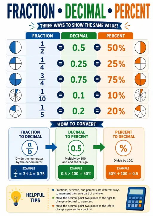 Fraction • Decimal • Percent Decimals and Percent Infographic