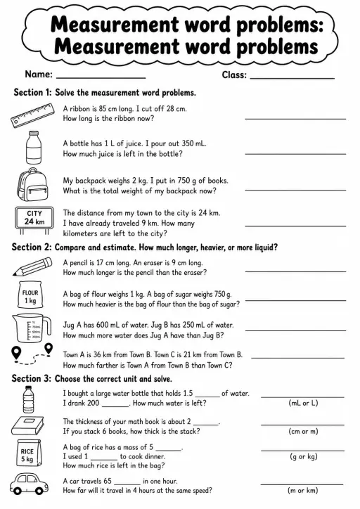 Grade 4 Measurement Word Problems Math Worksheet Pack