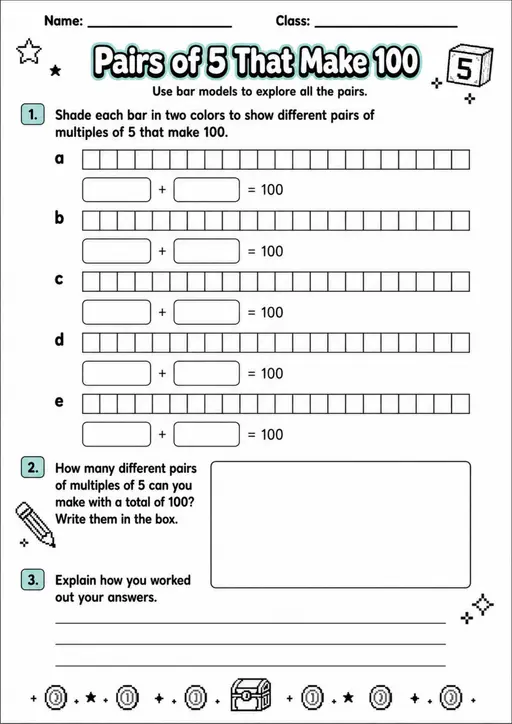 Pairs of 5 That Make 100 - Grade 3 Math Worksheet - grade 3 Diagrams, models, and drawing tasks