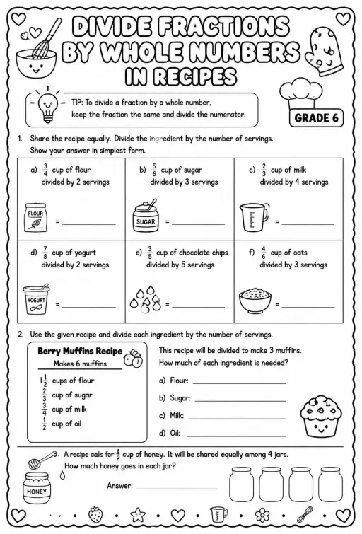 Divide fractions by whole numbers in recipes