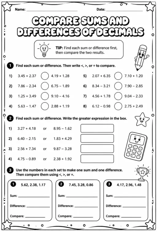 Compare sums and differences of decimals
