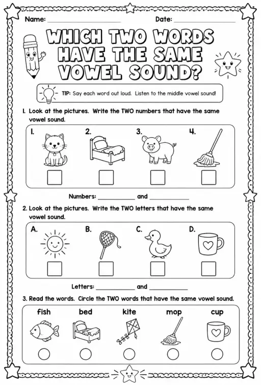Which two words have the same vowel sound?