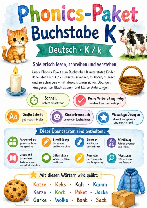 German Letter K Phonics Worksheets Pack