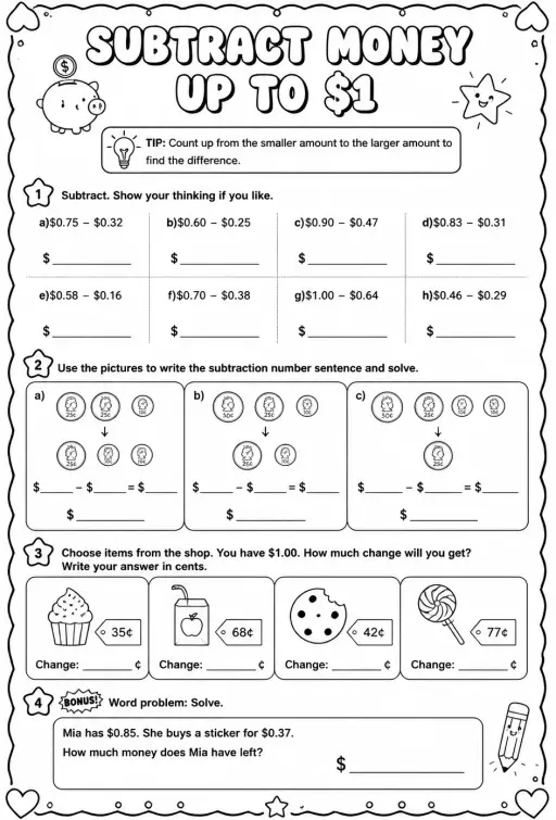 Subtract money up to $1