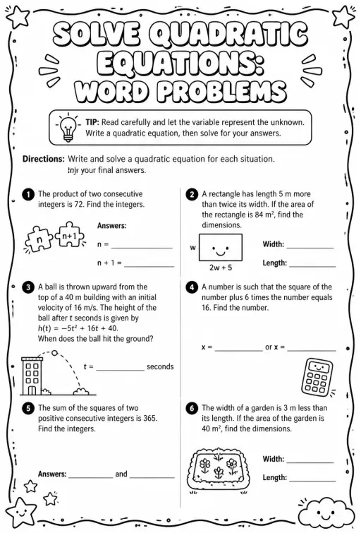 Solve quadratic equations: word problems