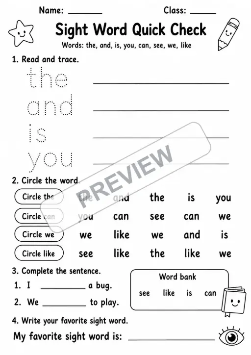 Sight Word Quick Check | 1 Worksheet | Kindergarten-Grade 1