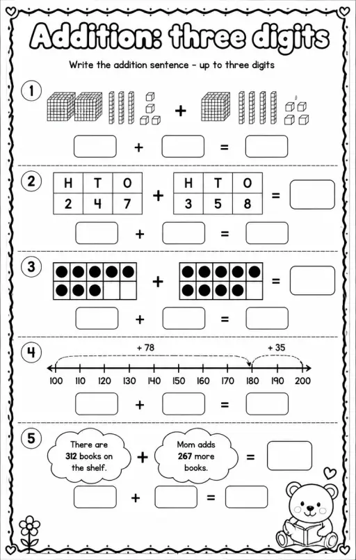 Write the addition sentence - up to three digits