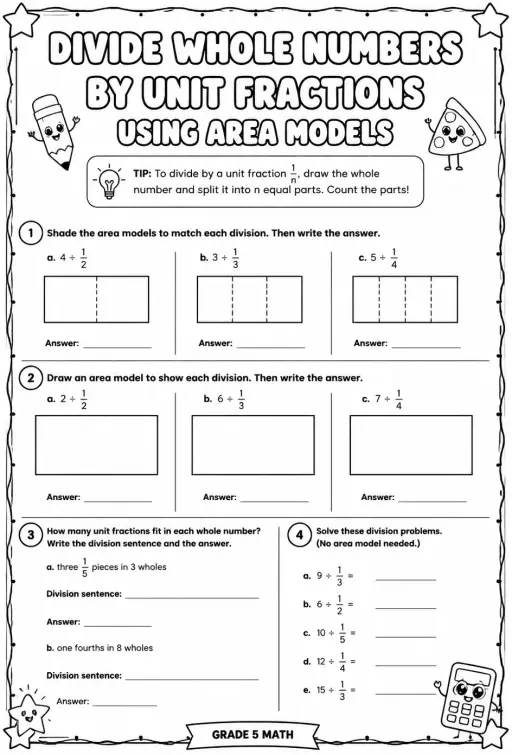 Divide whole numbers by unit fractions using area models
