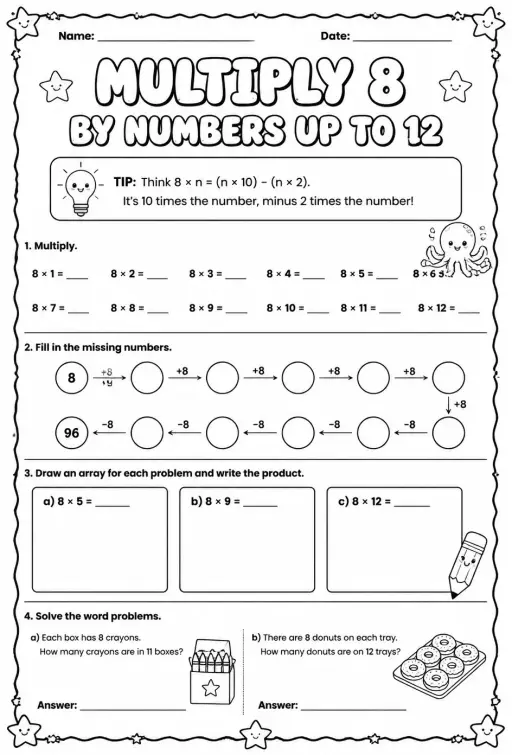 Multiply 8 by numbers up to 12