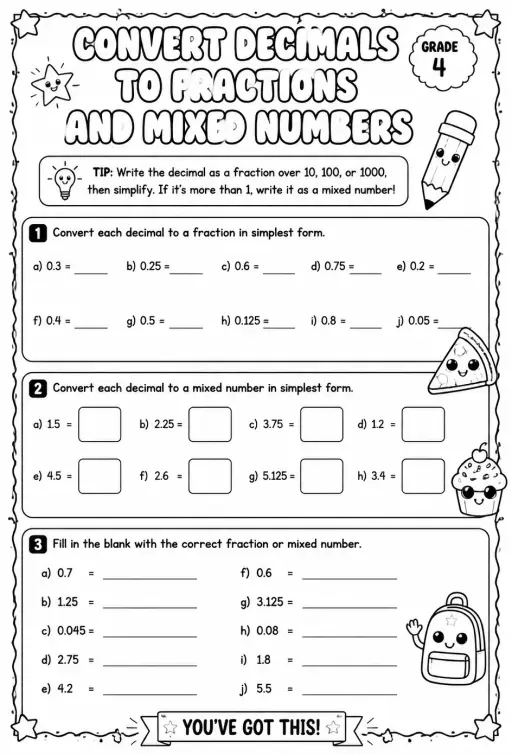 Convert decimals to fractions and mixed numbers