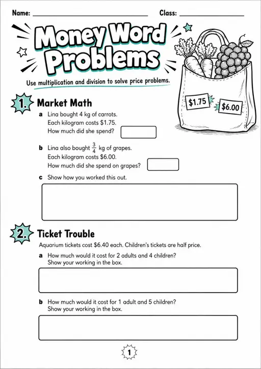 Money Word Problems - Grade 3 Math Worksheet - grade 3 Calculations and multi-step problem solving