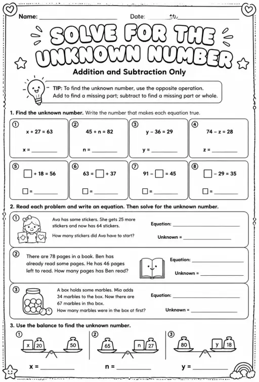 Solve for the unknown number: addition and subtraction only