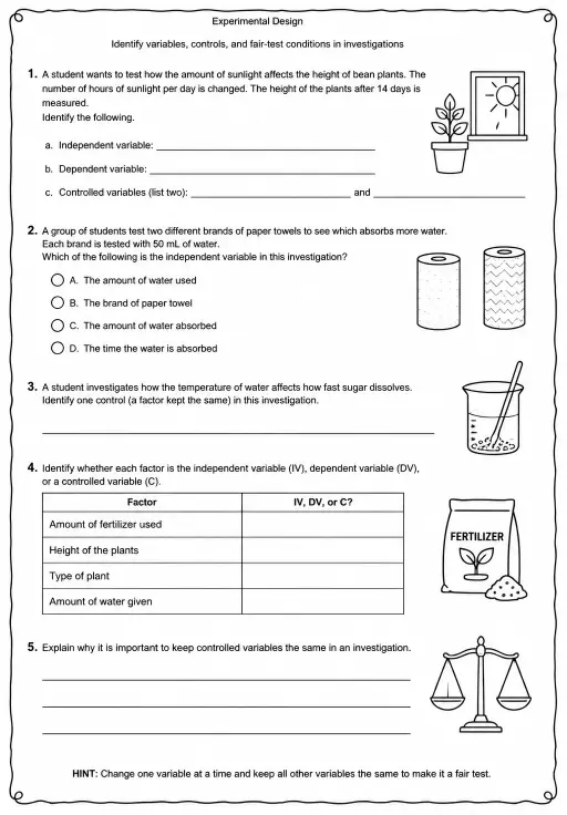 Identify variables, controls, and fair-test conditions in investigations