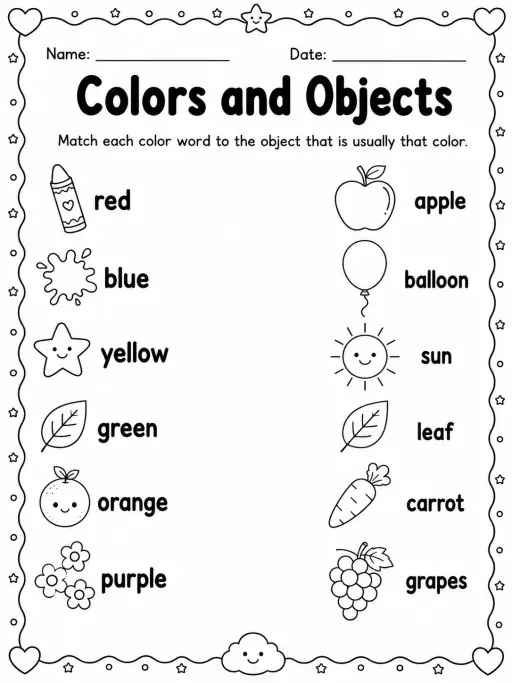 Colors and Objects Worksheet Pack