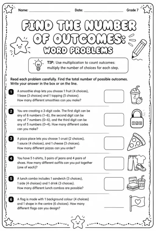 Find the number of outcomes: word problems