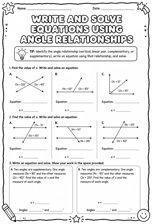 Write and solve equations using angle relationships