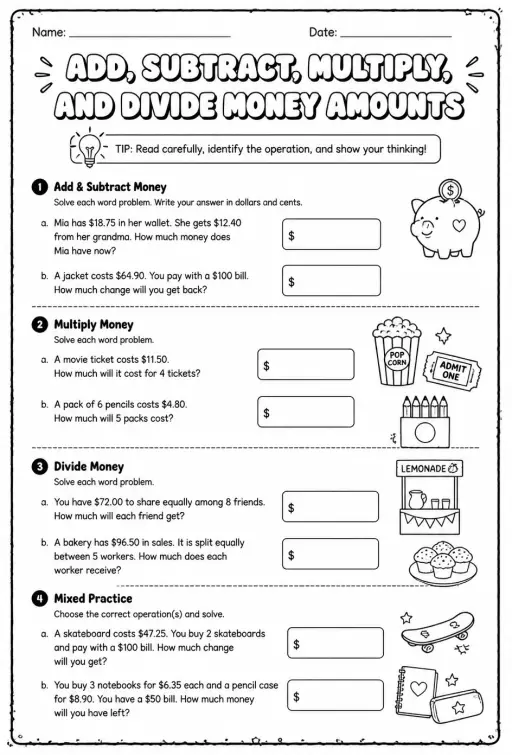 Add, subtract, multiply, and divide money amounts: word problems