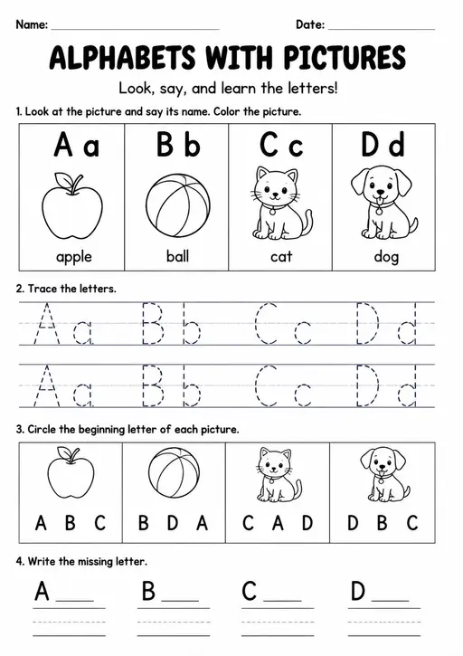 Free Printable Preschool ELA Alphabet with Pictures Worksheet