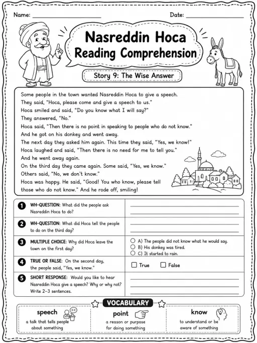 Nasreddin Hoca Reading Comprehension: The Wise Answer