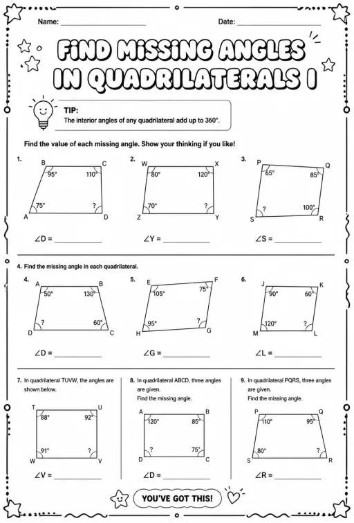 Find missing angles in quadrilaterals I