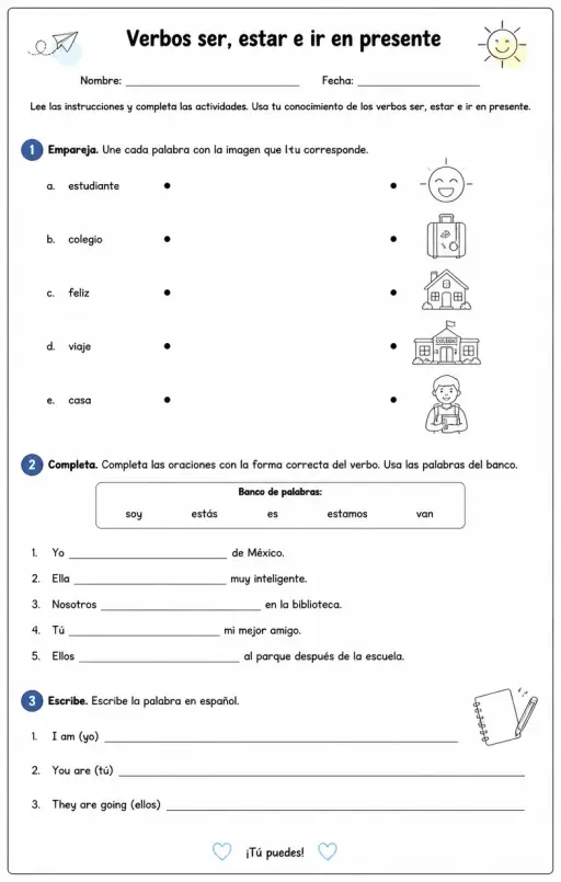 Producir palabras, frases o oraciones en español relacionadas con ser.