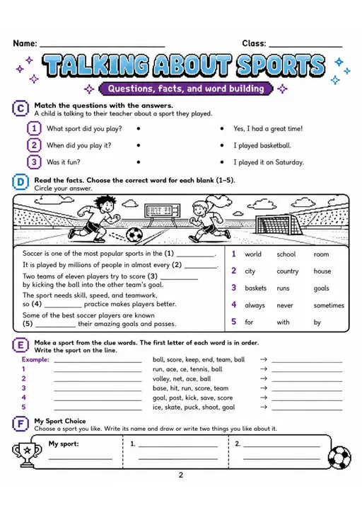 Cambridge MOVERS - TALKING ABOUT SPORTS | Free Worksheet