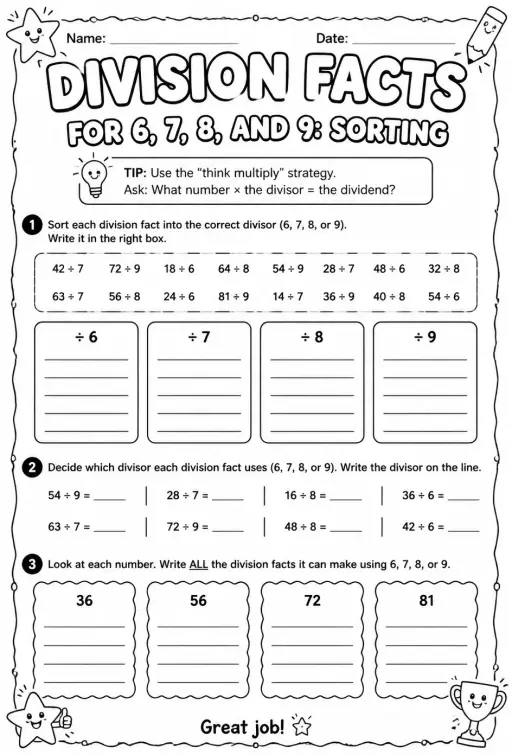 Division facts for 6, 7, 8, and 9: sorting
