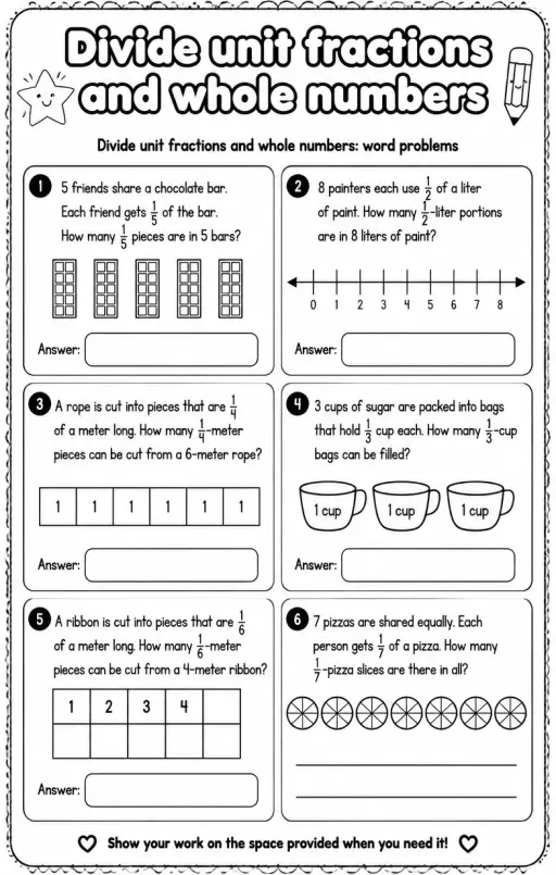 Divide unit fractions and whole numbers: word problems