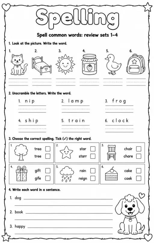 Spell common words: review sets 1–4
