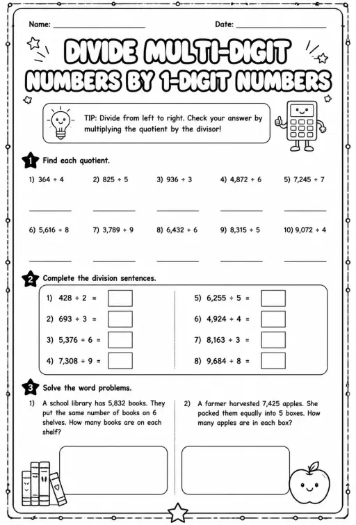 Divide multi-digit numbers by 1-digit numbers