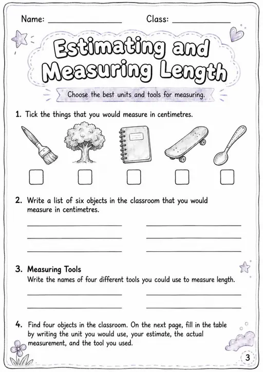 Estimating and Measuring Length - Grade 3 Math Worksheet - grade 3 Graphs, tables, and data interpretation