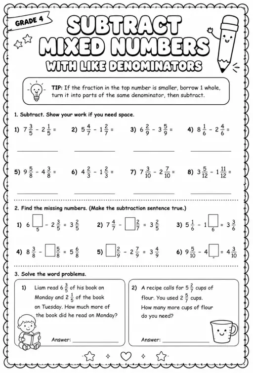 Subtract mixed numbers with like denominators