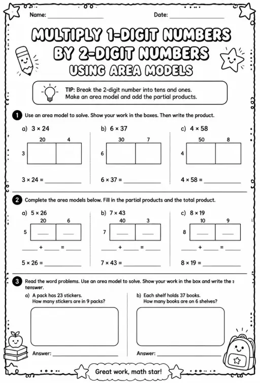 Multiply 1-digit numbers by 2-digit numbers using area models