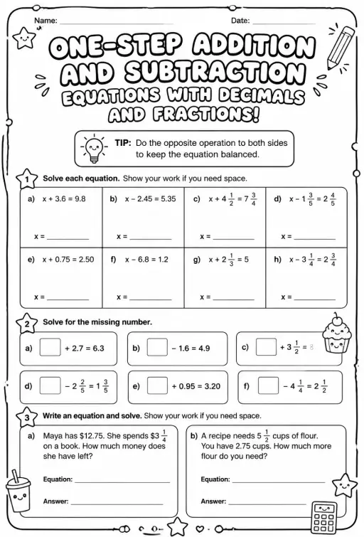 Solve one-step addition and subtraction equations with decimals and fractions