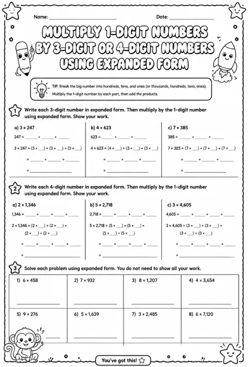 Multiply 1-digit numbers by 3-digit or 4-digit numbers using expanded form