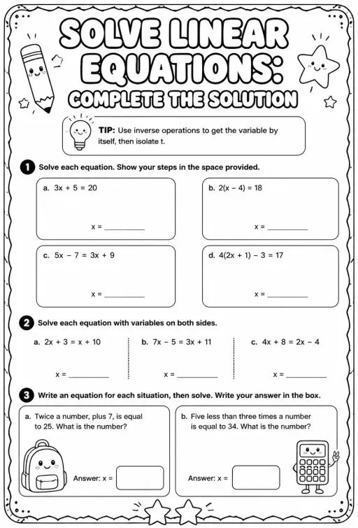Solve linear equations: complete the solution