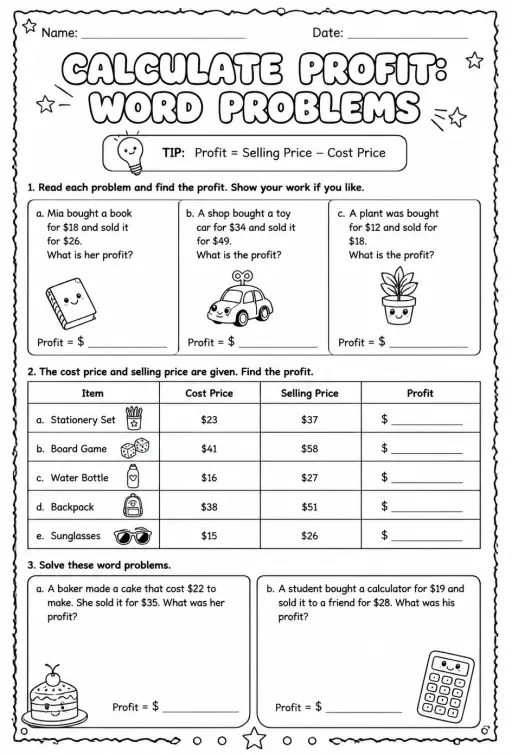 Calculate profit: word problems